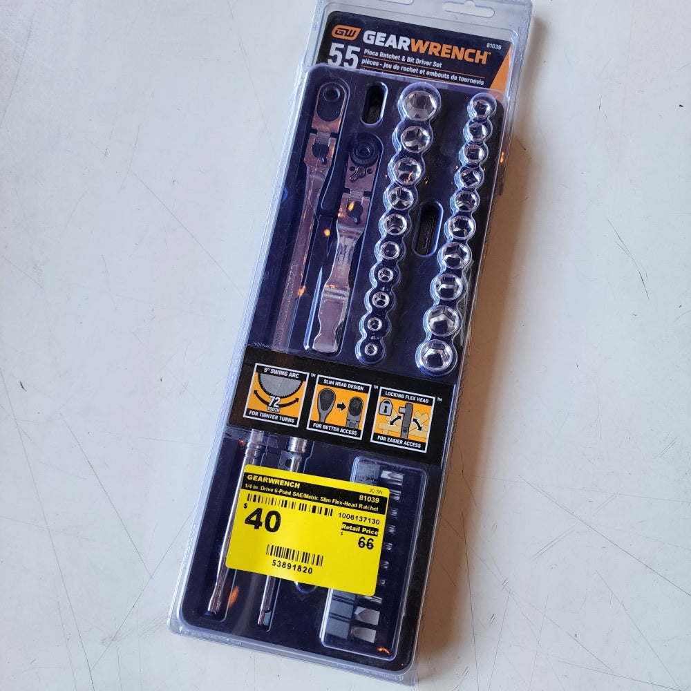 1/4 in. Drive 6-Point SAE/Metric Slim Flex-Head Ratchet and Socket Mechanics Tool Set (55-Piece) (81039) 1/4 in. Drive 6-Point SAE/Metric Slim Flex-Head Ratchet and Socket Mechanics Tool Set (55-Piece) (81039)